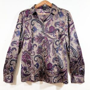 Ann Taylor Satin Paisley Gray Blue Purple Blouse Sz 12 Office Professional